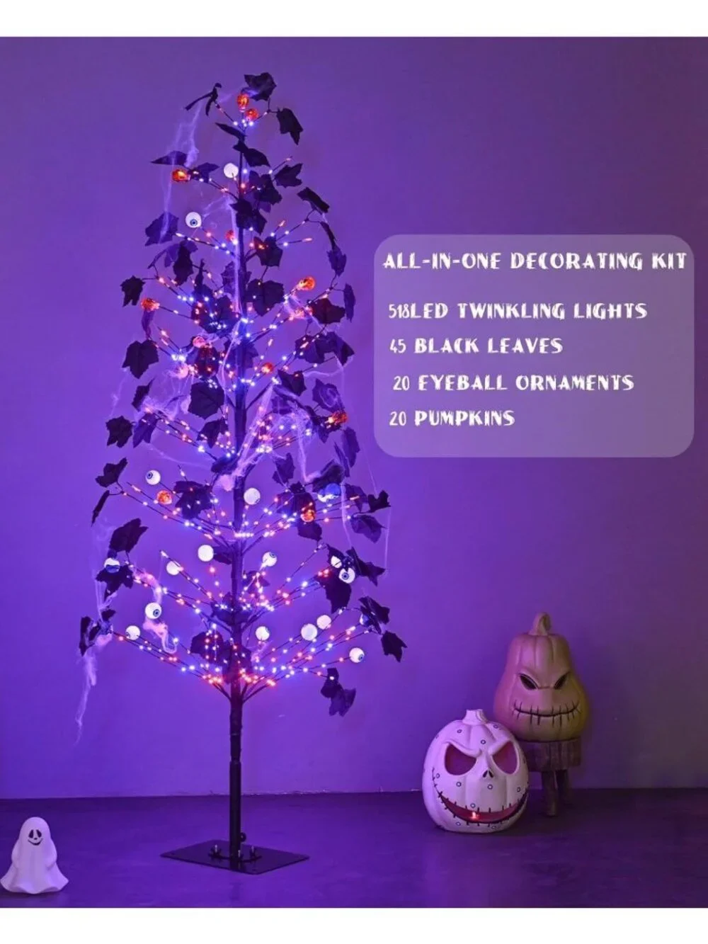 5FT Lighted Halloween Tree with 518 LED Twinkling Lights & Spooky Ornaments